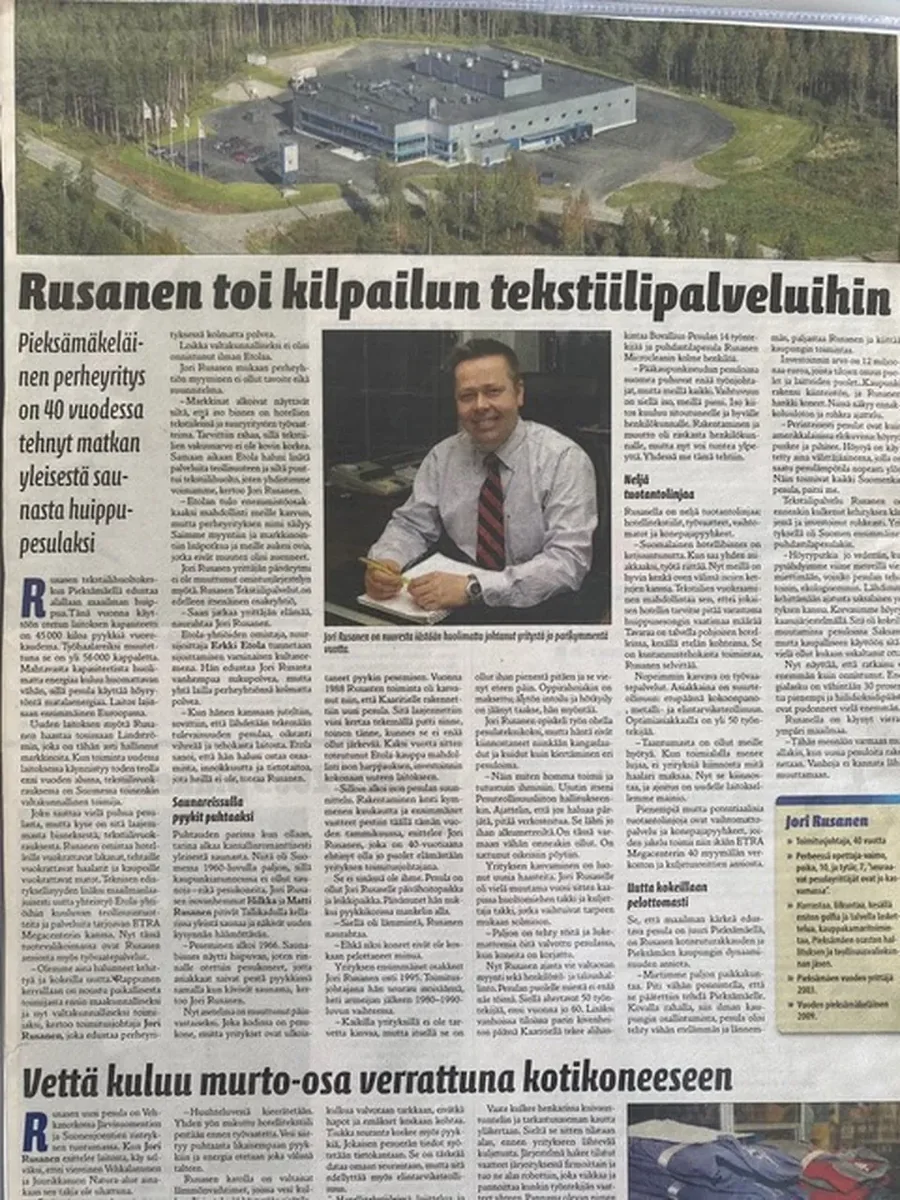 Lehtijuttu otsikolla Rusanen toi kilpailun tekstiilipalveluihin